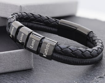 Personalized mens  leather bracelet with black rings