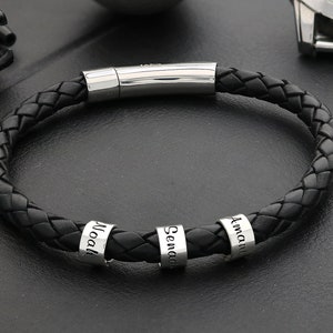Custom Names Bracelet - Personalized Names Bracelet - Black Braided Bracelet - Bracelet with Charm Beads - Custom Gift for Dad