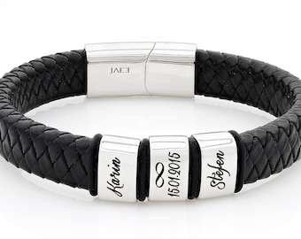 Leather bracelet for men with kids names on sliding charm in black or brown