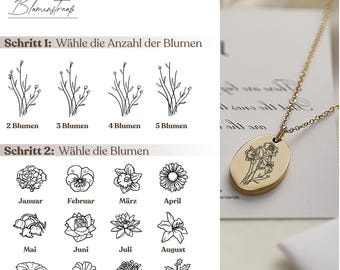 Bouquet Personalized Necklace, Birth Flower Necklace Bouquet, Birth Month Flower Oval Necklace, Adjustable Chain 40-45-50cm