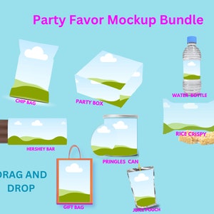 CANVA EDITABLE templates Party Favor Bundle chip bag, water bottle, chip can, juice pouch, rice crispy, candy bar, party box, party bag