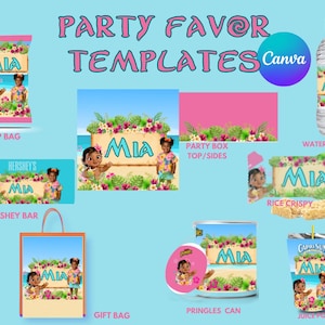 May include: A collection of party favor templates featuring a tropical theme with the name "Mia". Designs include chip bags, Hershey bars, water bottle labels, gift bags, and more. The text "Party Favor Templates" is displayed at the top.