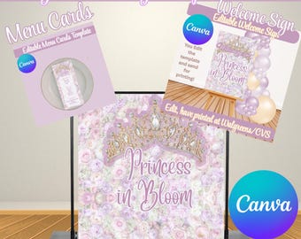Princess In Bloom Baby Shower Bundle Editable Canva Templates Backdrop Menu Cards Welcome Sign Crown Roses Pink Purple White