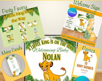 Little King Is On The Way Mega Baby Shower Bundle Editable Canva Templates Backdrop Menu Cards Welcome Sign Party Favors Games