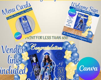 Graduation Party Mega Bundle Editable Canva Templates Backdrop Menu Cards Welcome Sign Congrats Grad Caps