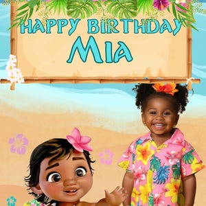 May include: A vibrant birthday-themed graphic featuring the text "HAPPY BIRTHDAY MIA" on a wooden sign, surrounded by tropical flowers and cartoon characters. The background includes a sunny sky and a sandy beach.