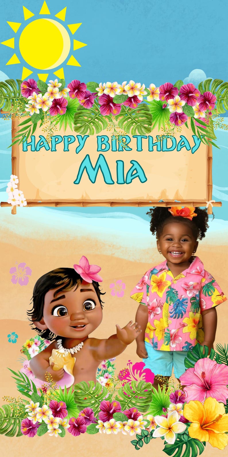 May include: A vibrant birthday-themed graphic featuring the text "HAPPY BIRTHDAY MIA" on a wooden sign, surrounded by tropical flowers and cartoon characters. The background includes a sunny sky and a sandy beach.