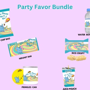 May include: A party favor bundle featuring the book "Oh, the Places You'll Go!" by Dr. Seuss. The bundle includes a chip bag, Hershey bar, rice crispy treat, Pringles can, juice pouch, and a water bottle, all with the book's characters and theme.