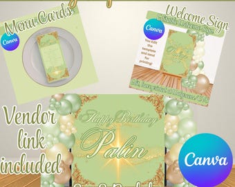 Sage Green and Gold Party Bundle Editable Canva Templates Backdrop Menu Cards Welcome Sign