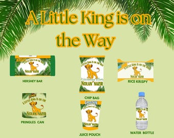 EDITABLE in Canva Party Favor Templates A Little King is On The Way  Chips Water Juice Hershey Rice Krispy Pringles Baby Shower