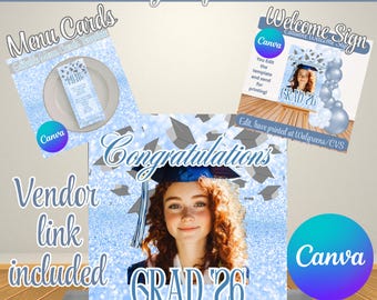 Graduation Party Mega Bundle Editable Canva Templates Backdrop Menu Cards Welcome Sign Congrats Grad Caps