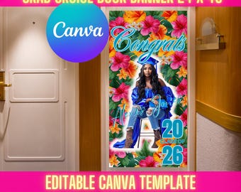 Graduation Congratulations Cruise Door Banner 24 in x 48 in Fusica Orange Turquoise  Hibiscus Ocean Canva Editable Template