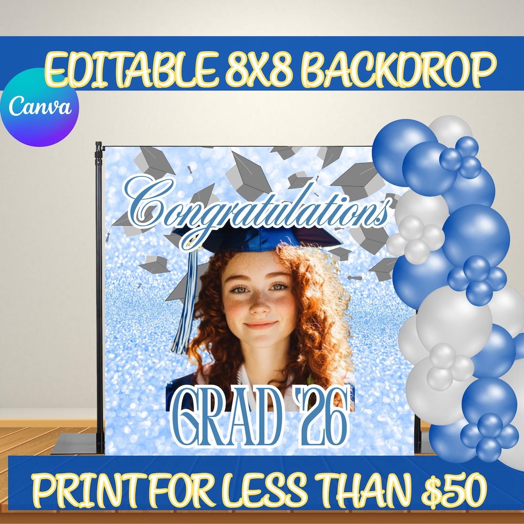 Graduation Grad Blue Silver Grey Customize Editable Cloth Backdrop ...