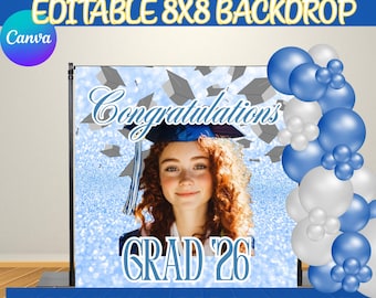 Graduation Grad Blue Silver Grey Customize Editable Cloth Backdrop Template Digital Canva Template DIY