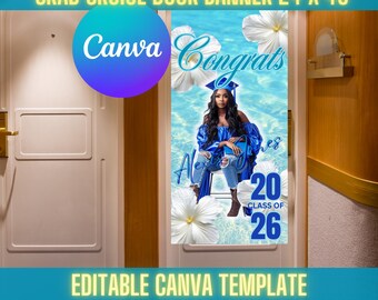 Graduation Cruise Door Banner 24 in x 48 in Royal Blue Turquoise White Hibiscus Ocean Canva Editable Template