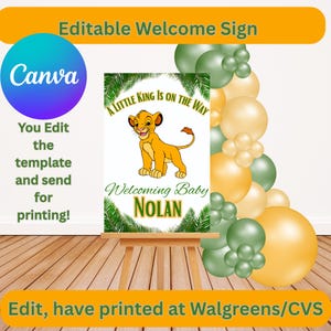 May include: A welcome sign with the text "A Little King Is On The Way" and "Welcoming Baby Nolan" featuring a cartoon lion. The sign is on a wooden easel, with balloons in the background. The sign is editable in Canva.