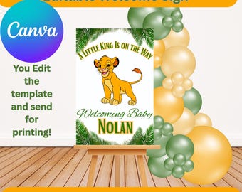 A Little King Is On The Way Lion Safari Baby Shower Welcome Sign Digital Canva Editable Template 20 x 30 inch
