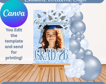 Graduation Grad Congrats Welcome Sign Editable in Canva Baby Blue Silver Grey Caps Print Walgreens CVS