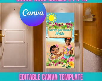 Banner de puerta de crucero de cumpleaños de Moana, 24 x 48 pulgadas, plantilla editable e imprimible de Canva para decoración de puerta de crucero - Imprimir en Walgreens/CVS