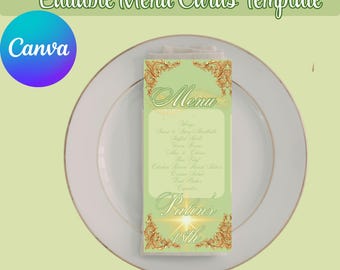 Editable Menu Card Canva Template INSTANT Download DIY Printable Sage Green Gold Ivory Princess Frog