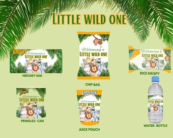 EDITABLE in Canva Party Favor Templates Little Wild One Chips Water Juice Hershey Rice Krispy Pringles Baby Shower Birthday Animals Safari