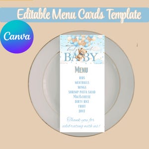 Modèle de carte de menu modifiable sur toile à téléchargement instantané We Can Bearly Wait Baby shower à imprimer DIY