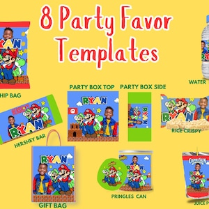 May include: An assortment of party favor templates featuring a Super Mario theme. Includes chip bags, Hershey bars, water bottles, rice crispy treats, gift bags, Pringles cans, and juice pouches. Each item has a personalized name and character graphics.