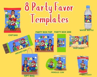 EDITABLE in Canva Party Favor Templates Mario Brothers  Chips Water Juice Hershey Rice Krispy Pringles Gift Bag Box Birthday Super