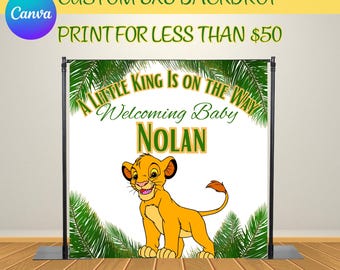 Customize Editable Cloth Backdrop Template A Little King Is On The Way Lion Safari Baby Shower Digital Canva Template DIY