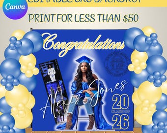 Customize Editable Cloth Backdrop Template Graduation Congratulations Royal Blue Yellow Digital Canva Template DIY INSTANT Download Vendor