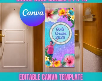 Cruise Door Banner Template 24in x 48 in Girls' Cruise Hibiscus Flowers Teal Pink Glitter