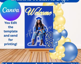 Graduation Grad Congrats Welcome Sign DIY Editable in Canva Blue Yellow INSTANT download Print Walgreens CVS