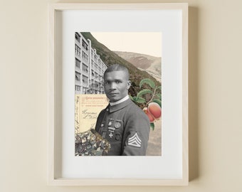 May include: A black and white photo collage featuring a man in a military uniform, a postcard with the text "Carte postale", and a peach.