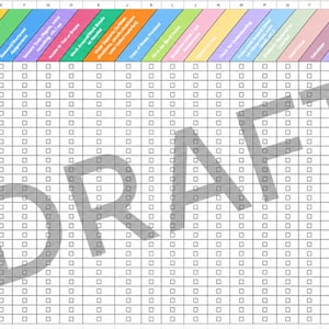 May include: A digital spreadsheet template featuring a grid of rows and columns with checkboxes in each cell. The header row contains colorful diagonal text labels for student tracking, and the word DRAFT is overlaid in large gray letters.