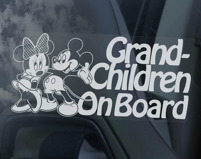 Grandchildren on Board Sticker, Mickey Minnie Mouse Car Window Decal Safety Sign - Your Name, Text Personalised Option -V01