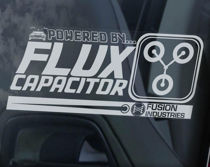 Back to the Future Car Sticker, 'Powered by FLUX CAPACITOR' Window Decal Bumper Sign DMC Delorean -V2BW