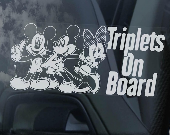 Triplets on Board Sticker, Mickey Minnie Mouse Car Window Decal Safety Sign - Your Names, Text Personalised Option -V02