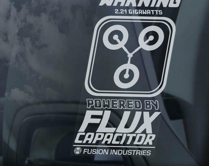 Powered by FLUX CAPACITOR Car Sticker, Back to the Future Window Decal Bumper Sign DMC Delorean -V4BW