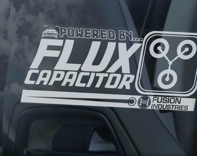 Back to the Future Car Sticker, 'Powered by FLUX CAPACITOR' Window Decal Bumper Sign DMC Delorean -V2BW