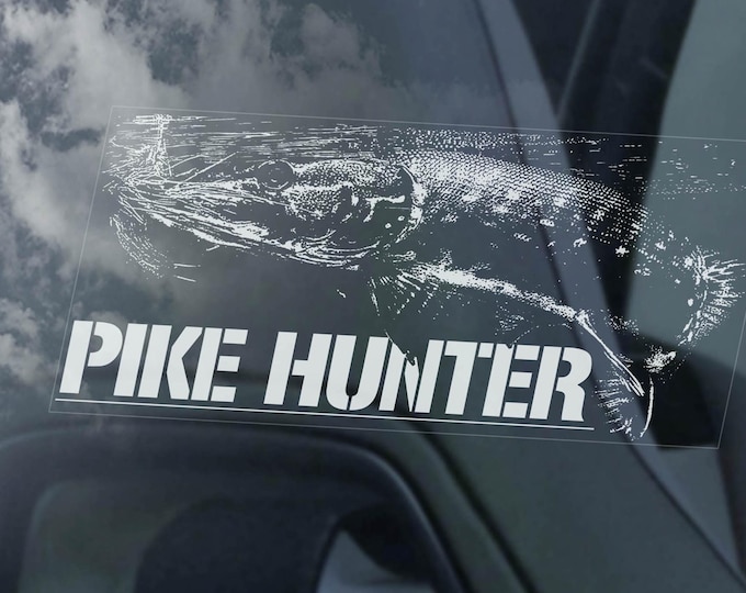 PIKE HUNTER Fishing Sticker, Tackle Box Sign, Boat Car Window Decal, Angling Fisherman Fish Gift -V01