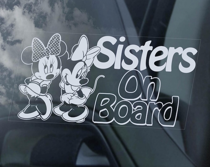 Sisters on Board Sticker, Mickey Minnie Mouse Car Window Decal Safety Girls Sign - Your Name, Text Personalised Option -V02