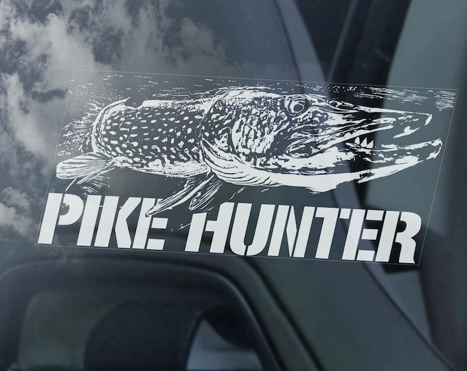 PIKE HUNTER Fishing Sticker, Tackle Box Sign, Boat Car Window Decal, Angling Fisherman Fish Gift -V02