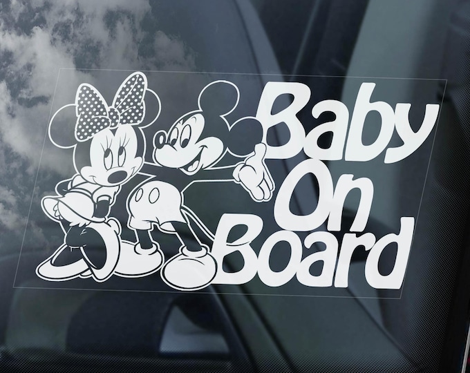 Baby on Board Sticker, Mickey Minnie Mouse Car Window Decal Safety Sign - Your Name, Text Personalised Option -V04