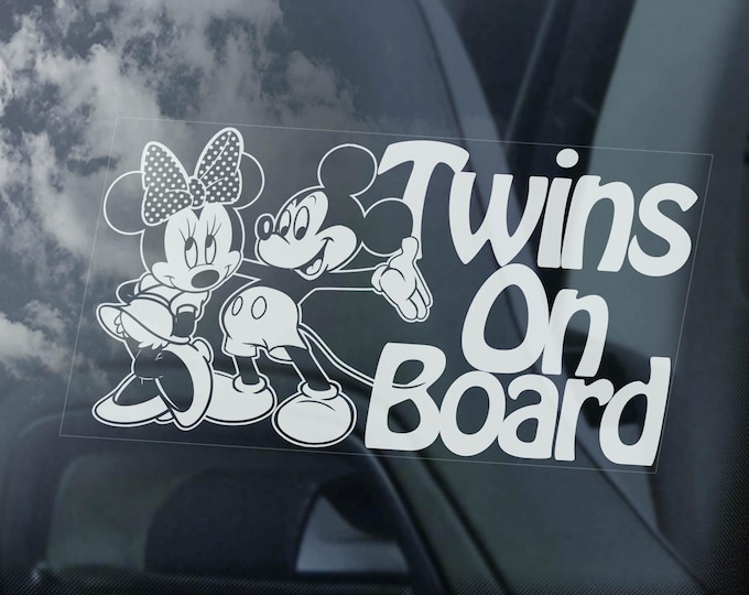 Twins on Board Sticker, Mickey Minnie Mouse Car Window Decal Safety Sign - Your Name, Text Personalised Option -V05