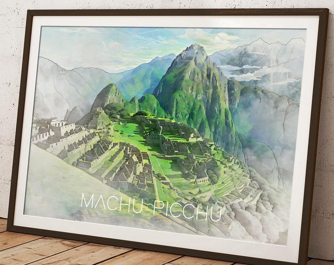 Machu Picchu Art Print - Peru Travel Poster, Illustrated Wall Art Painting, South America Gift