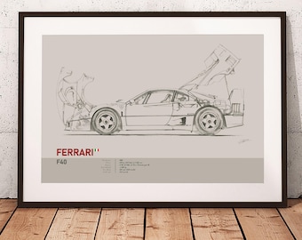 May include: Framed print featuring a detailed sketch of a Ferrari F40. The car is depicted in profile with its hood and engine cover open. The print includes the text "FERRARI" and "F40" in red, along with technical specifications.