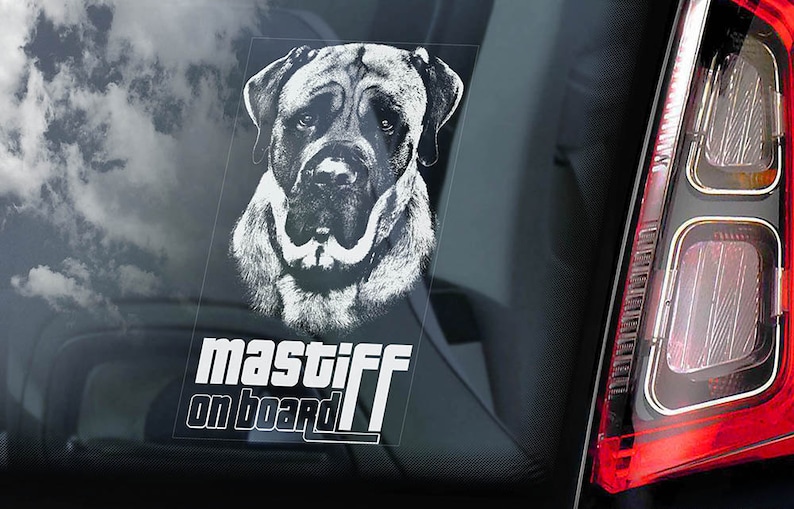 May include: A white car window sticker with a black and white illustration of a Mastiff dog's head. The text "mastiff on board" is below the image.