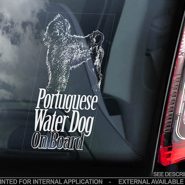 Portuguese Water Dog on Board - Car Window Sticker - Cão de Água Português Sign Decal - V01