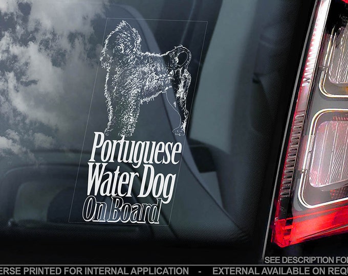 Portuguese Water Dog on Board - Car Window Sticker - Cão de Água Português Sign Decal - V01