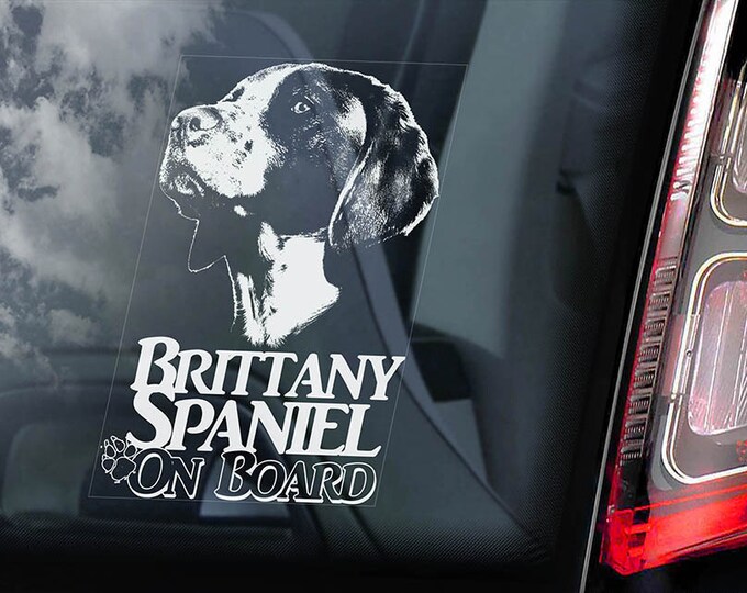 Brittany Spaniel - Car Window Sticker - French Breton Dog on Board Sign Decal - V01